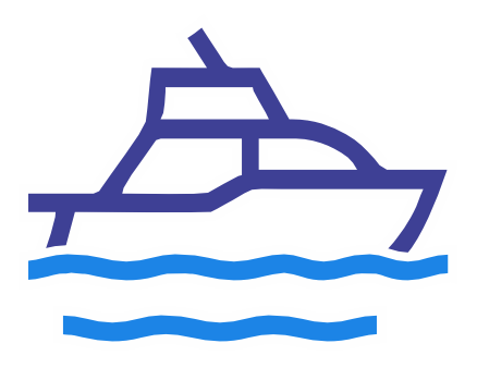 Blue outline icon of a yacht or large boat, symbolizing marine travel or leisure.